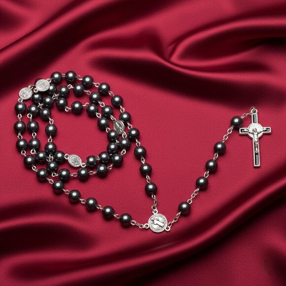 Hematite Beaded Catholic Rosary Prayer Crucifix Silver Tone Gothic Necklace NWOT - Picture 5 of 10
